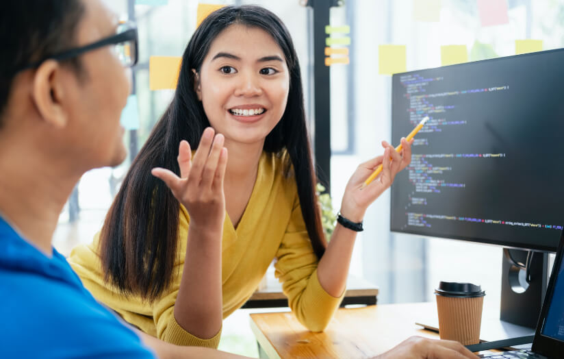 women reviewing data
